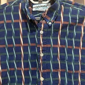 Links Shirt Men Size M Blue Brown Green Button Up Short Sleeve 100% Cotton Retro